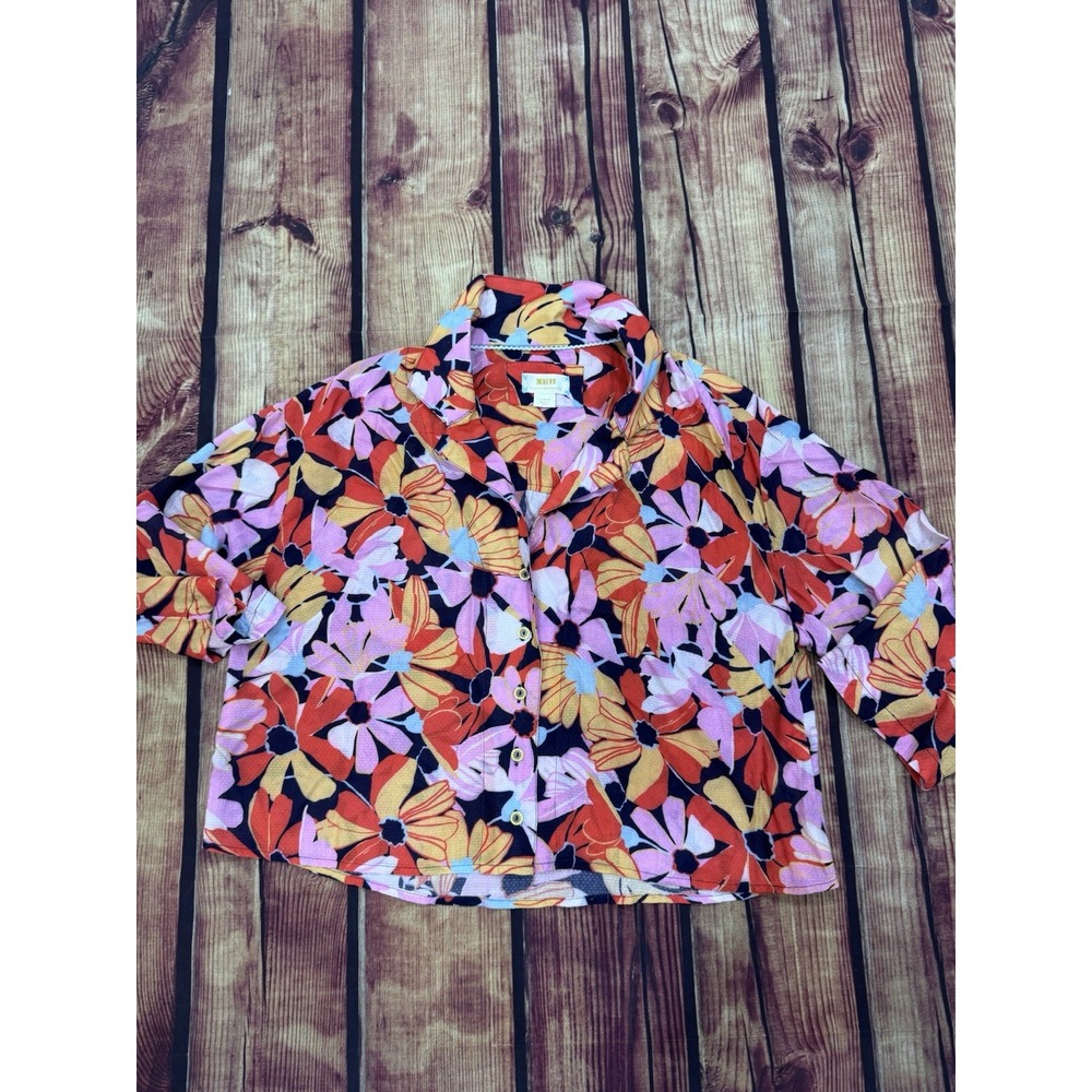 Maeve Multicolor Floral Collared Button-Up 3/4 Sleeve Blouse Women's L Reg